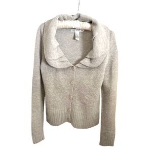 Marina Luna Lambs Wool Angora Gray Cardigan Sweater with Puffy Bib Collar, Small
